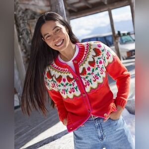 Land's End Lofty Fair Isle Cardigan Sweater Red Joy Birds XL
